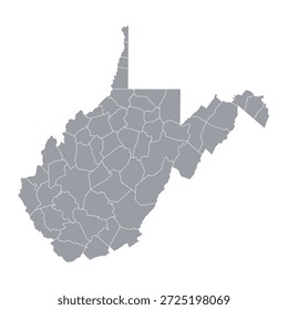 Mapa cinzento de West Virginia com seus condados isolados sobre fundo branco. Ilustração vetorial