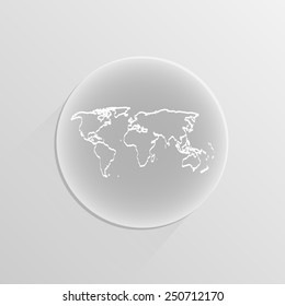 grey map of the world on a white button with shadow 