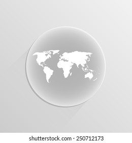 grey map of the world on a white button with shadow 