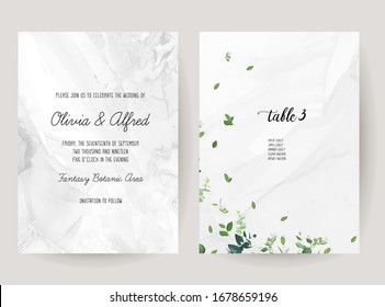 Grey marbled stone vector design frames set. Minimalist greenery wedding cards. Gray textured marble templates with green leaves. Simple and sophisticated. All elements are isolated and editable.