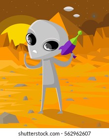 grey martian alien on mars with ray gun and pyramid with ufos