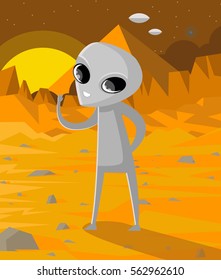 grey martian alien on mars and pyramid with ufos
