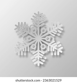 Copo de nieve gris mate con efecto de papel sobre un fondo claro para el diseño invernal. Silueta congelada de un copo de nieve, símbolo de Navidad y Año Nuevo. EPS vectorial 10.