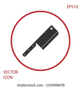 Grey Meat chopper icon isolated on white background. Kitchen knife for meat. Butcher knife. Red circle button. Vector Illustration