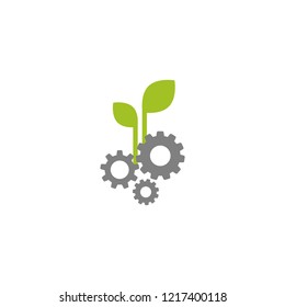 grey mechanical gears and three green leaves. Isolated on white background. Eco friendly technology icon. World Environment day label.  Bio technology. Vector illustration.