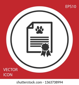 Grey Medical certificate for travel with dog or cat icon isolated on red background. Document for pet. Dog or cat paw print. White circle button. Vector Illustration