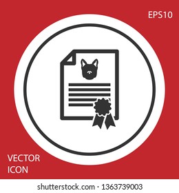 Grey Medical certificate for travel with dog or cat icon isolated on red background. Document for pet. Dog or cat paw print. White circle button. Vector Illustration