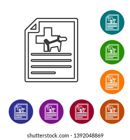 Grey Medical certificate for travel with dog or cat line icon isolated on white background. Document for pet. Set icon in color circle buttons. Vector Illustration