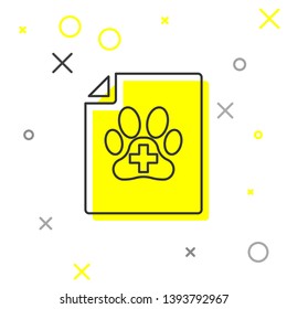 Grey Medical certificate for travel with dog or cat line icon isolated on white background. Document for pet. Dog or cat paw print. Vector Illustration