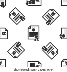 Grey Medical certificate for travel with dog or cat icon isolated seamless pattern on white background. Document for pet. Dog or cat paw print. Vector Illustration