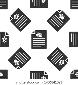 Grey Medical certificate for travel with dog or cat icon isolated seamless pattern on white background. Document for pet. Dog or cat paw print. Vector Illustration