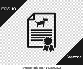 Grey Medical certificate for travel with dog or cat icon isolated on transparent background. Document for pet. Dog or cat paw print. Vector Illustration