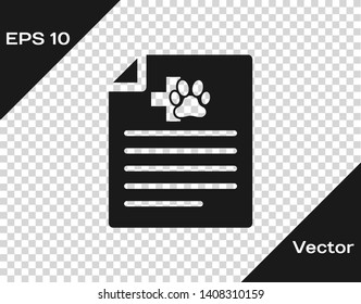 Grey Medical certificate for travel with dog or cat icon isolated on transparent background. Document for pet. Dog or cat paw print. Vector Illustration