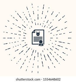 Grey Medical certificate for travel with dog or cat icon isolated on beige background. Document for pet. Dog or cat paw print. Abstract circle random dots. Vector Illustration