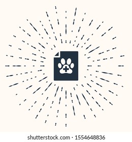 Grey Medical certificate for travel with dog or cat icon isolated on beige background. Document for pet. Dog or cat paw print. Abstract circle random dots. Vector Illustration