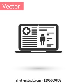 Grey Medical Clinical Record On Screen Of Laptop Icon Isolated On White Background. Health Insurance Form. Document: Clinical Record, Prescription, Medical Check Marks Report. Vector Illustration