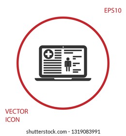 Grey Medical clinical record on screen of laptop icon isolated on white background.  
