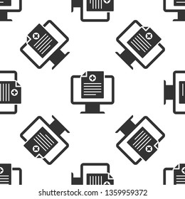 Grey Medical clinical record on monitor icon isolated seamless pattern on white background. Health insurance form. Prescription, medical check marks report. Vector Illustration