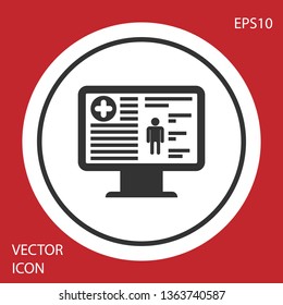 Grey Medical clinical record on monitor icon isolated on red background. Health insurance form. Prescription, medical check marks report. White circle button. Vector Illustration