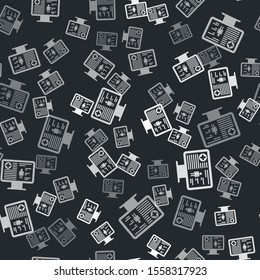 Grey Medical clinical record on monitor icon isolated seamless pattern on black background. Health insurance form. Prescription, medical check marks report.  Vector Illustration