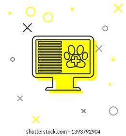 Grey Medical clinical record pet on monitor line icon isolated on white background. Health insurance form. Prescription, medical check marks report. Vector Illustration