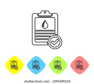 Grey Medical clipboard with blood test results line icon isolated on white background. Clinical record, prescription, medical check marks report. Set icon in color rhombus buttons. Vector Illustration Grey Medical clipboard with blood test results line icon isolated on white background. Clinical record, prescription, medical check marks report. Set icon in color rhombus buttons. Vector Illustration