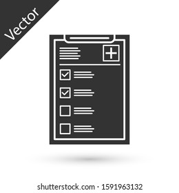 Grey Medical clipboard with clinical record icon isolated on white background. Health insurance form. Prescription, medical check marks report.  Vector Illustration