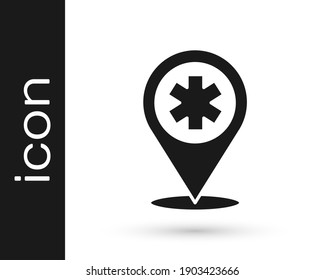 Puntero de mapa médico gris con icono de hospital cruzado aislado en fondo blanco.  Ilustración vectorial