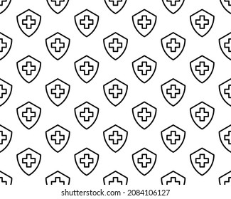 Grey Medical shield with cross icon isolated seamless pattern on white background. Health protection concept. Safety badge icon. Privacy banner. Security label. Vector Illustration.
