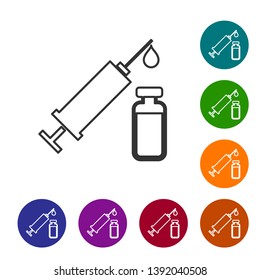 Grey Medical syringe with needle and vial or ampoule line icon isolated on white background. Vaccination, injection, vaccine, insulin concept. Set icon in color circle buttons. Vector Illustration