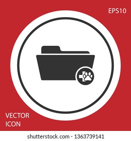 Grey Medical veterinary record folder icon isolated on red background. Dog or cat paw print. Document for pet. Patient file icon. White circle button. Vector Illustration