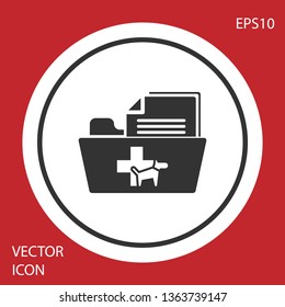 Grey Medical veterinary record folder icon isolated on red background. Dog or cat paw print. Document for pet. Patient file icon. White circle button. Vector Illustration