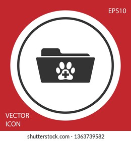 Grey Medical veterinary record folder icon isolated on red background. Dog or cat paw print. Document for pet. Patient file icon. White circle button. Vector Illustration