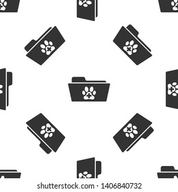 Grey Medical veterinary record folder icon isolated seamless pattern on white background. Dog or cat paw print. Document for pet. Patient file icon. Vector Illustration