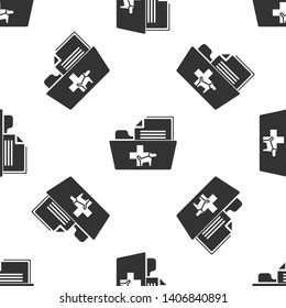 Grey Medical veterinary record folder icon isolated seamless pattern on white background. Dog or cat paw print. Document for pet. Patient file icon. Vector Illustration