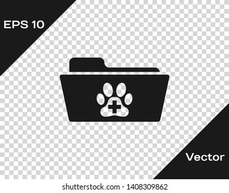 Grey Medical veterinary record folder icon isolated on transparent background. Dog or cat paw print. Document for pet. Patient file icon. Vector Illustration