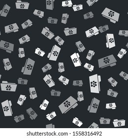 Grey Medical veterinary record folder icon isolated seamless pattern on black background. Dog or cat paw print. Document for pet. Patient file icon.  Vector Illustration