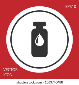 Grey Medical vial, ampoule, bottle icon isolated on red background. Vaccination, injection, vaccine healthcare concept. White circle button. Vector Illustration