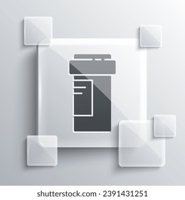 Grey Medicine bottle icon isolated on grey background. Bottle pill sign. Pharmacy design. Square glass panels. Vector Illustration