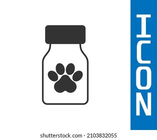 Grey Medicine bottle and pills icon isolated on white background. Container with pills. Prescription medicine for animal.  Vector