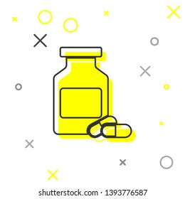 Grey Medicine bottle and pills line icon isolated on white background. Bottle pill sign. Pharmacy design. Vector Illustration