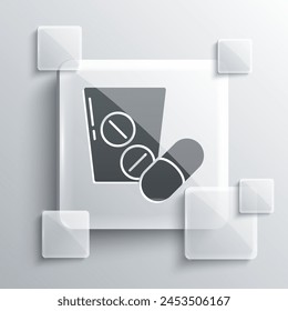 Icono gris de la píldora o de la tableta aislado en el fondo gris. Píldora de la cápsula y signo de droga. Diseño de farmacia. Paneles de vidrio cuadrado. Vector