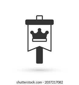 Grey Medieval flag icon isolated on white background. Country, state, or territory ruled by a king or queen.  Vector