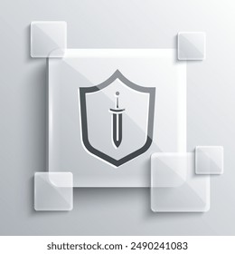 Grey Medieval shield with sword icon isolated on grey background. Square glass panels. Vector