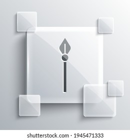 Grey Medieval spear icon isolated on grey background. Medieval weapon. Square glass panels. Vector