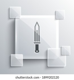 Grey Medieval sword icon isolated on grey background. Medieval weapon. Square glass panels. Vector