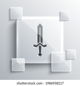 Grey Medieval sword icon isolated on grey background. Medieval weapon. Square glass panels. Vector