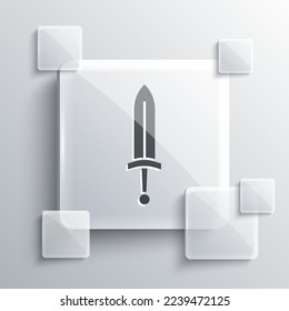 Graues mittelalterliches Schwertsymbol einzeln auf grauem Hintergrund. Mittelalterliche Waffe. Viereckige Glasplatten. Vektorgrafik