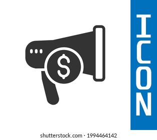 Graue Megaphone und Dollar Symbol einzeln auf weißem Hintergrund. Geräumiges Sprachwarnkonzept. Bullhorn für Mundstück schreien Promotion.  Vektorgrafik
