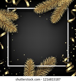Grey Merry Christmas and Happy New Year card with white frame, fir branches and golden confetti. Vector background.
